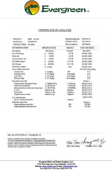 Sample COA for Gui Zhi - page 1