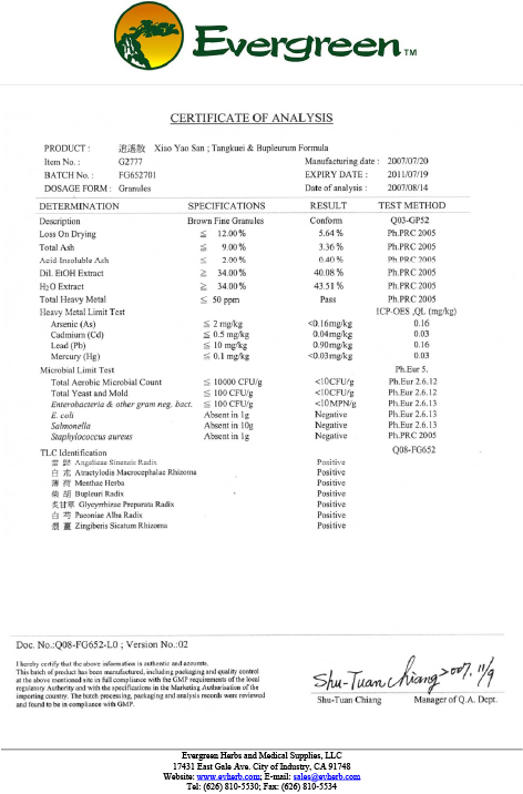 Sample COA for Xiao Yao San - page 1